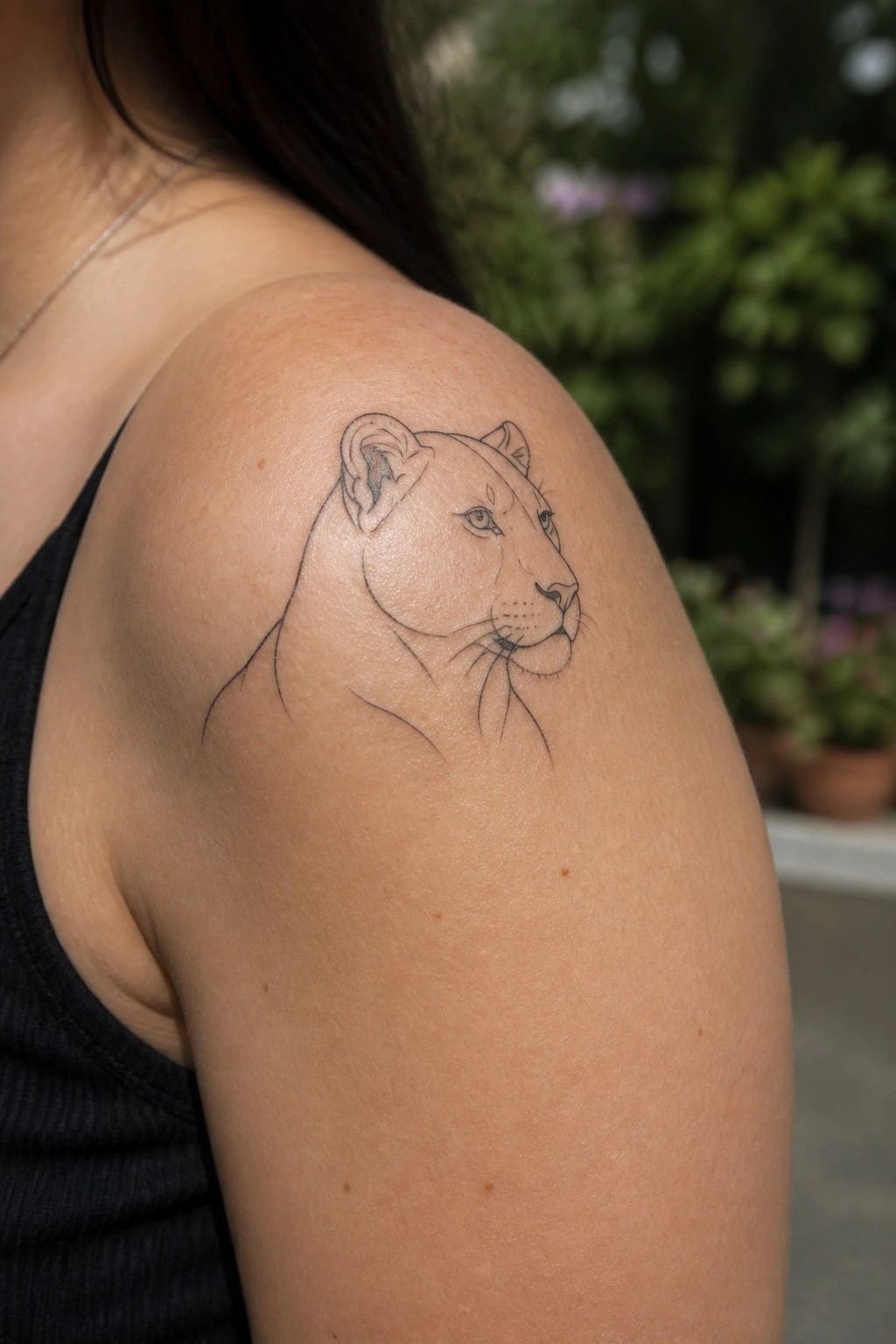 Minimalist black line tattoo of a lioness head on a woman's shoulder