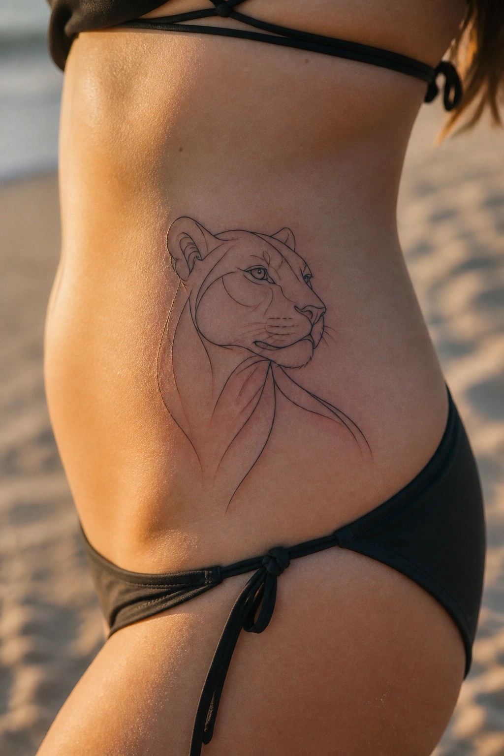 Woman's torso in black bikini with large lioness tattoo on beach sand.