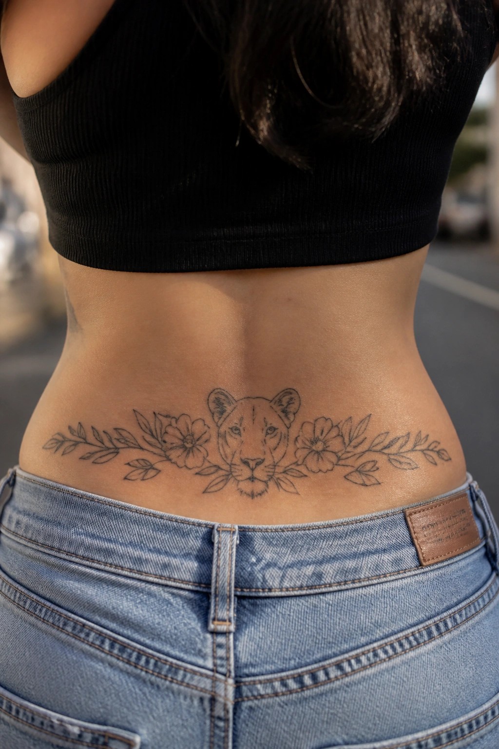 Minimalist lioness tattoo with flowers on a woman's lower back in clean black lines
