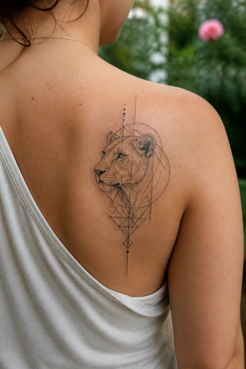 Woman's back with geometric lioness tattoo above white sleeveless top and necklace