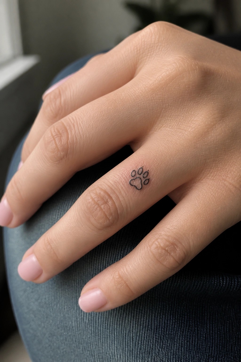 Hand with small paw print tattoo on ring finger and light pink nails on denim.