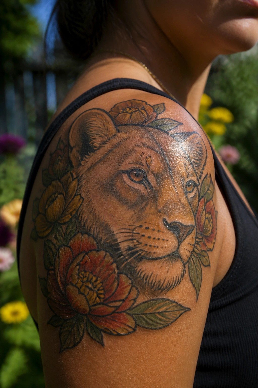 Colorful lioness tattoo with flowers on shoulder of woman in black tank top.