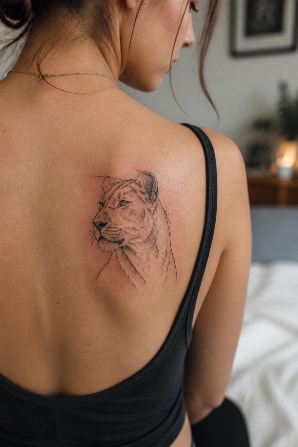 Fine line lioness tattoo on a woman's upper back shoulder blade area in black ink profile view