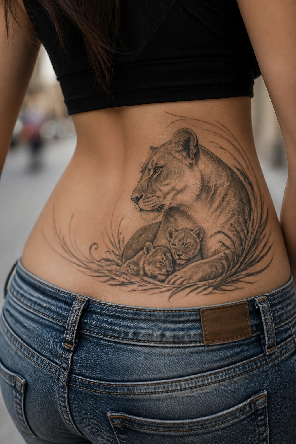 Realistic black and gray tattoo of a lioness resting with two cubs on a woman's lower back just above the jeans waistband.