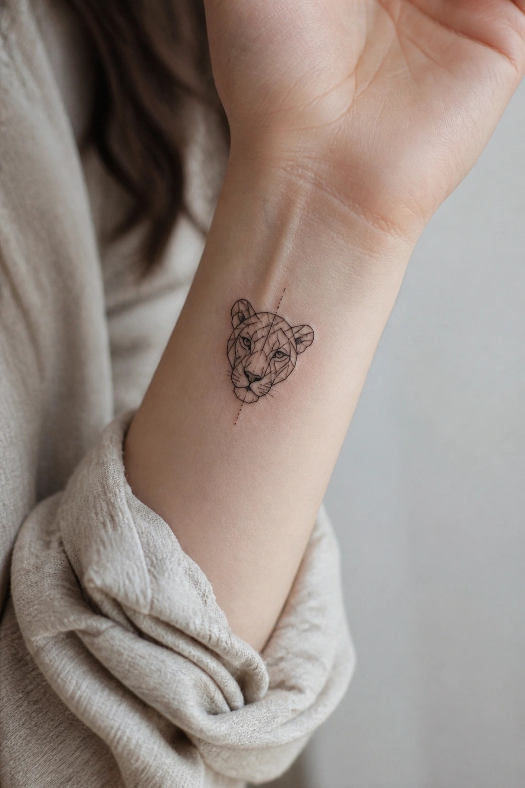 Geometric lion tattoo on wrist above bunched beige sleeve with dotted line.