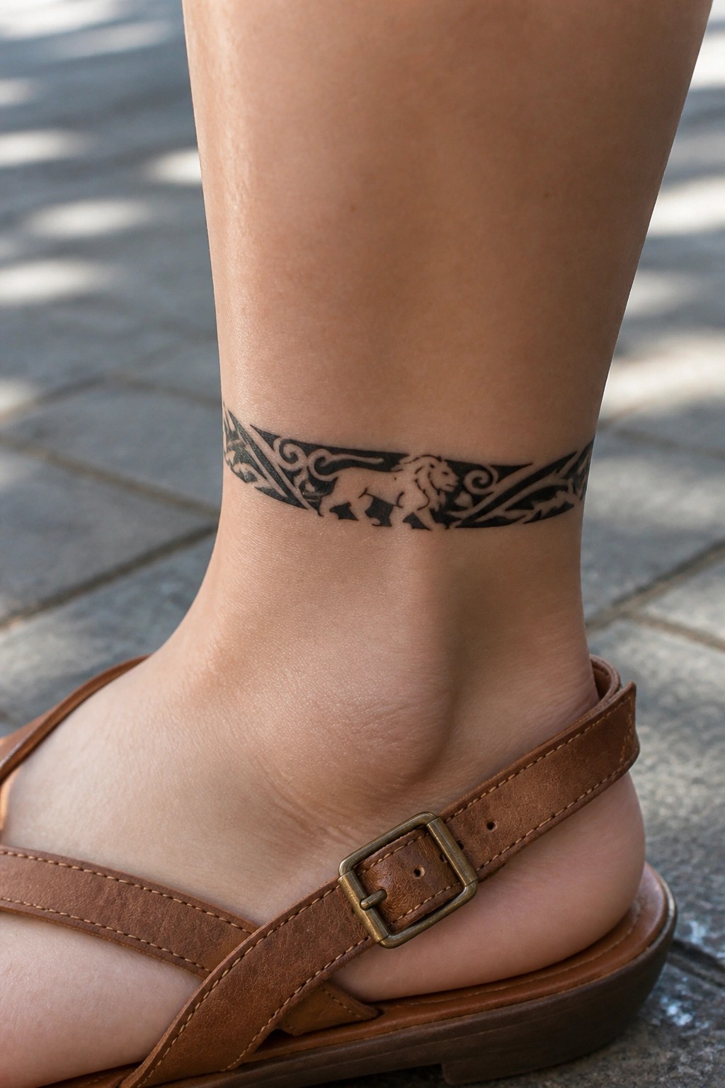 Lion tattoo band on ankle above brown leather sandal with buckle