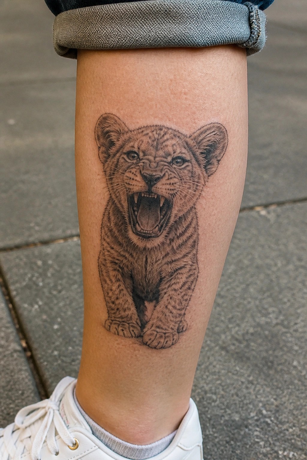 Roaring lion cub tattoo on leg below rolled-up jeans and white sneaker