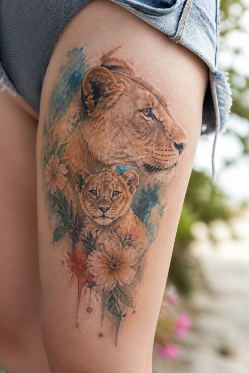 Watercolor tattoo of a lioness and cub with flowers on a woman's thigh.