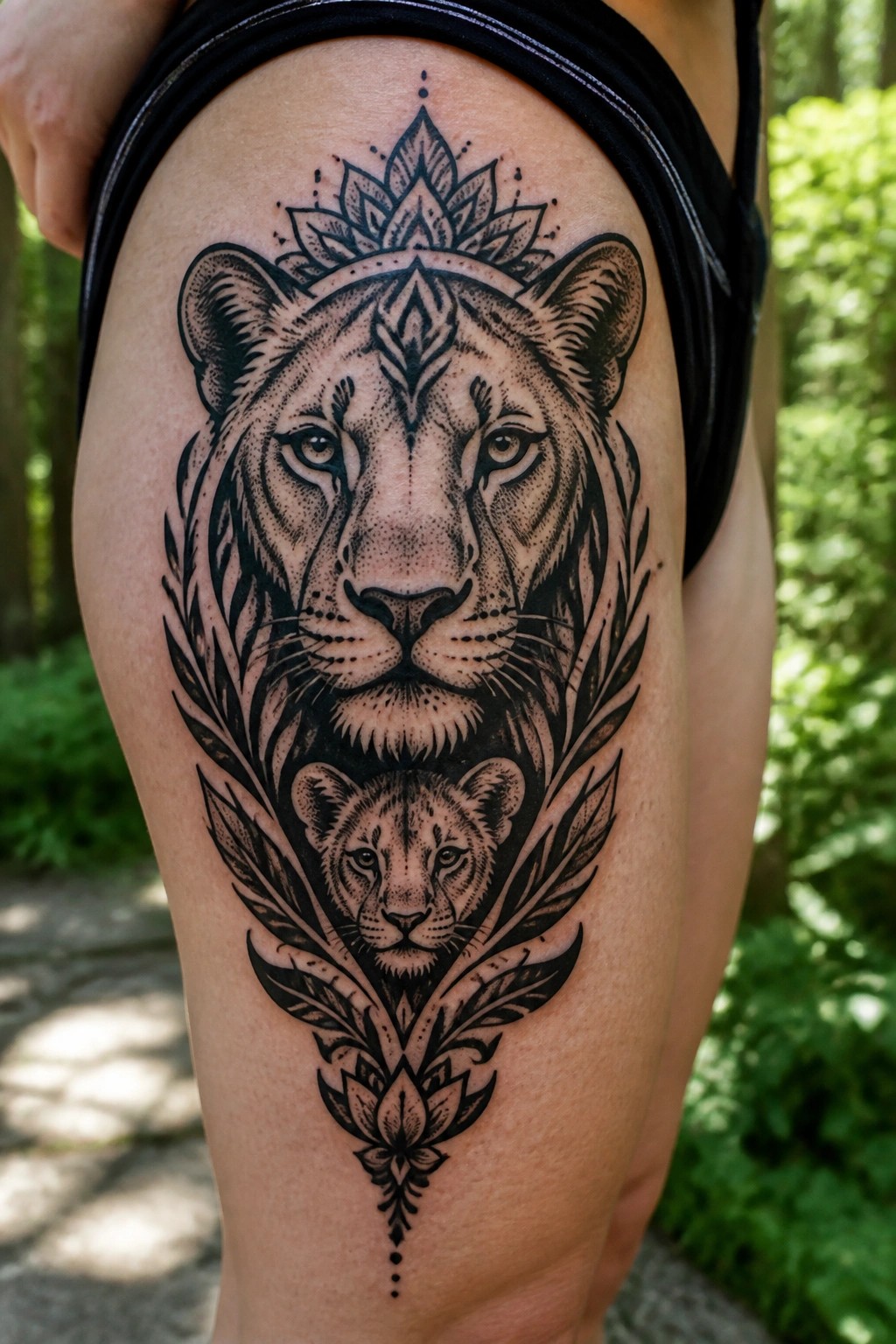 Black and grey tattoo of a lioness above a cub, framed by leaves on the thigh.