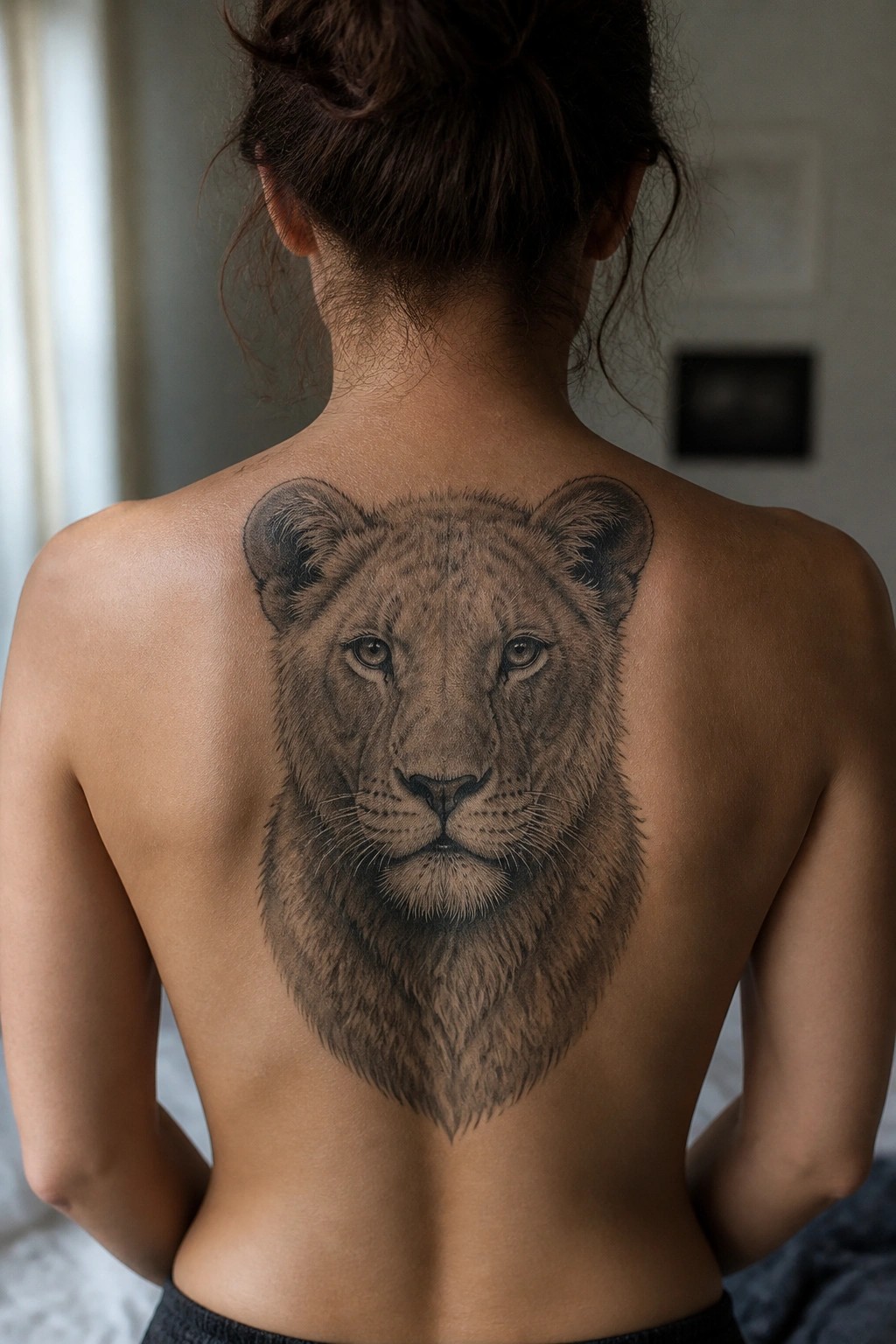 Woman with dark hair in bun showing large realistic lion tattoo on bare back