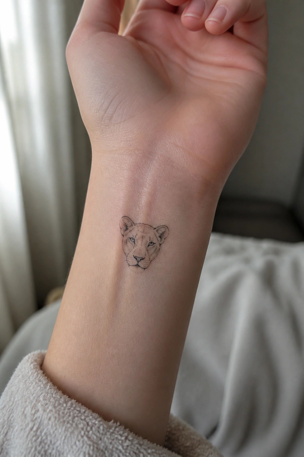 Small lioness tattoo on inner wrist above white fuzzy sleeve