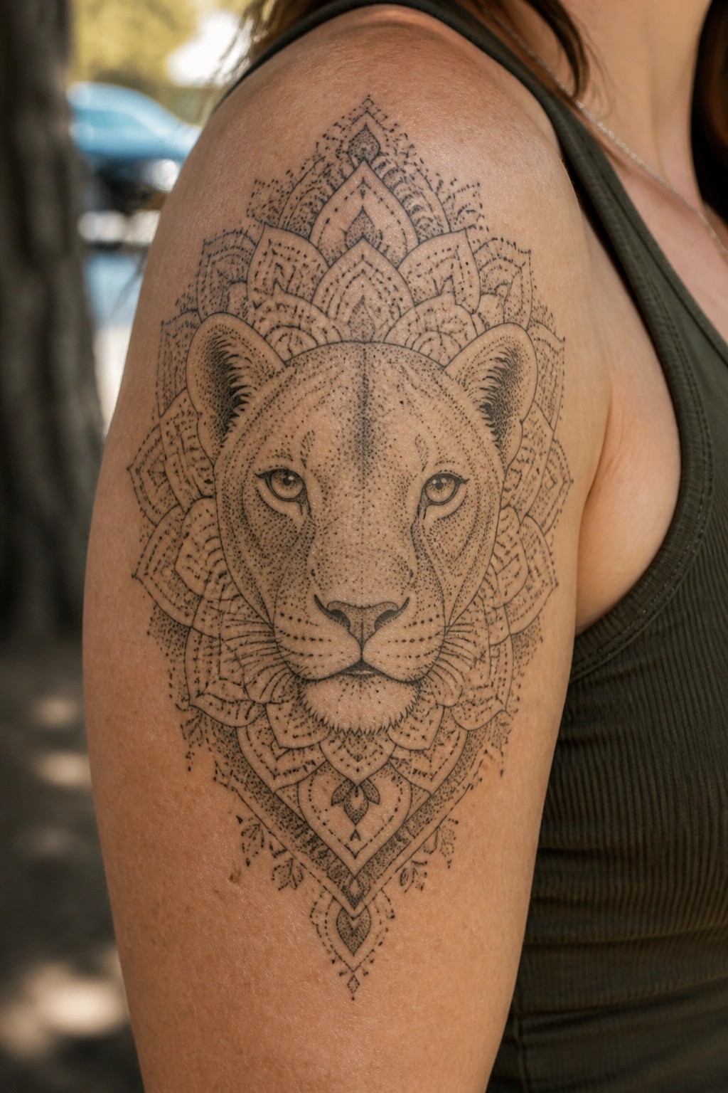 Lion face mandala tattoo on shoulder above dark green tank top