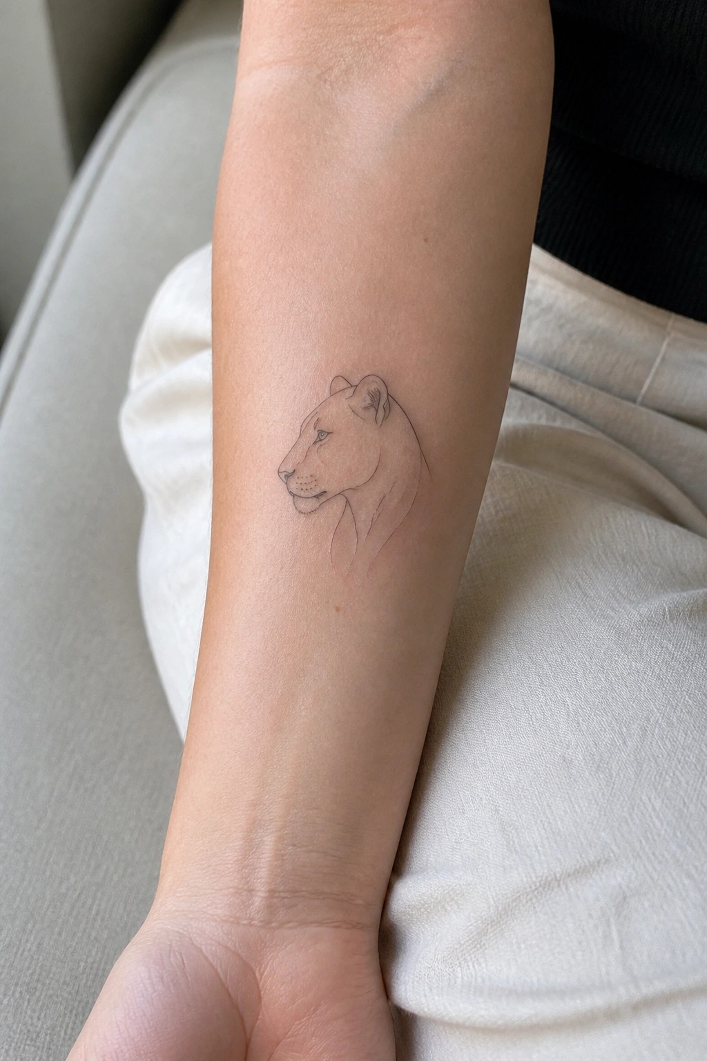 Fine line lioness head profile tattoo on the inner forearm in black ink