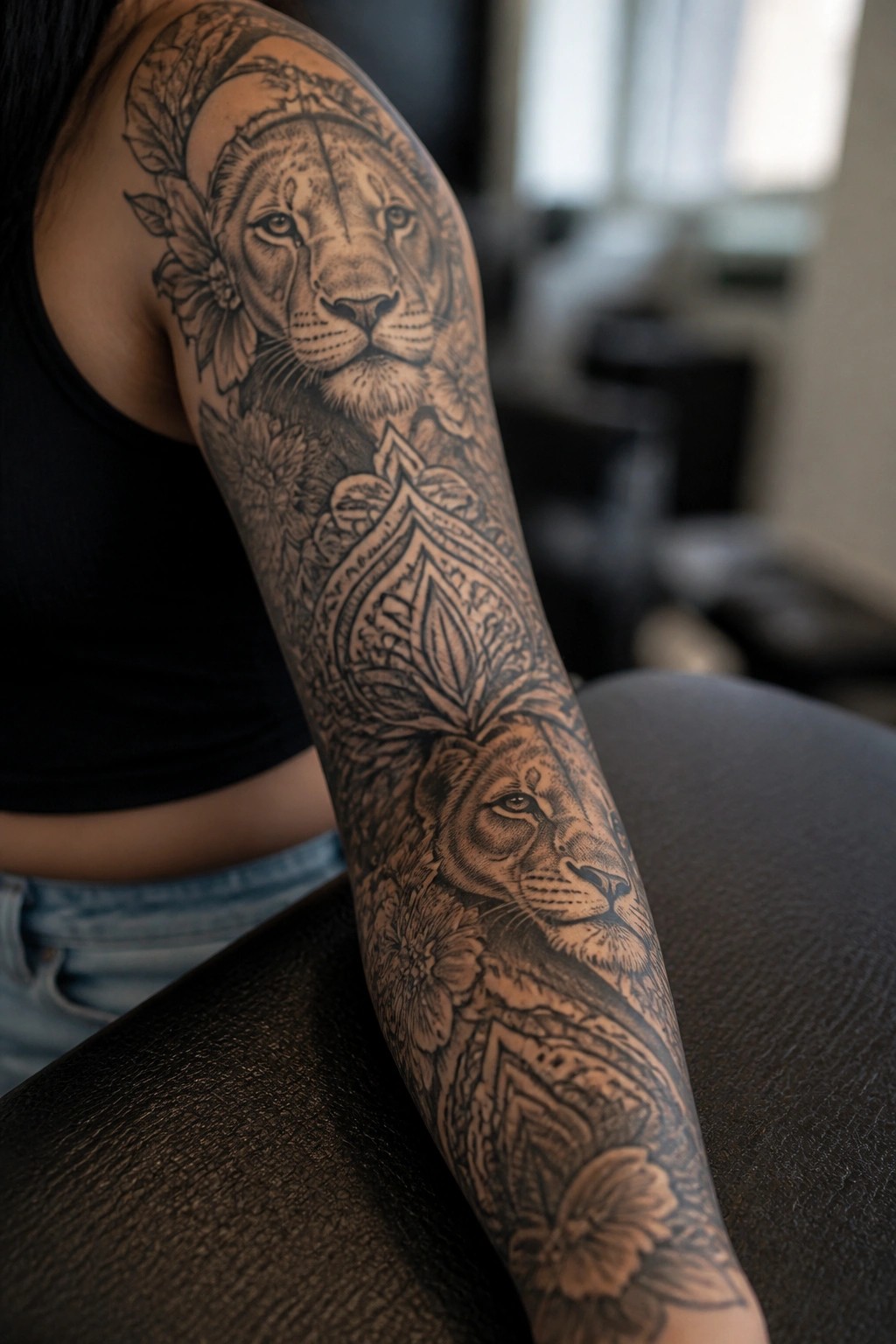 Detailed black-and-gray lion and floral tattoos cover a woman's arm and shoulder