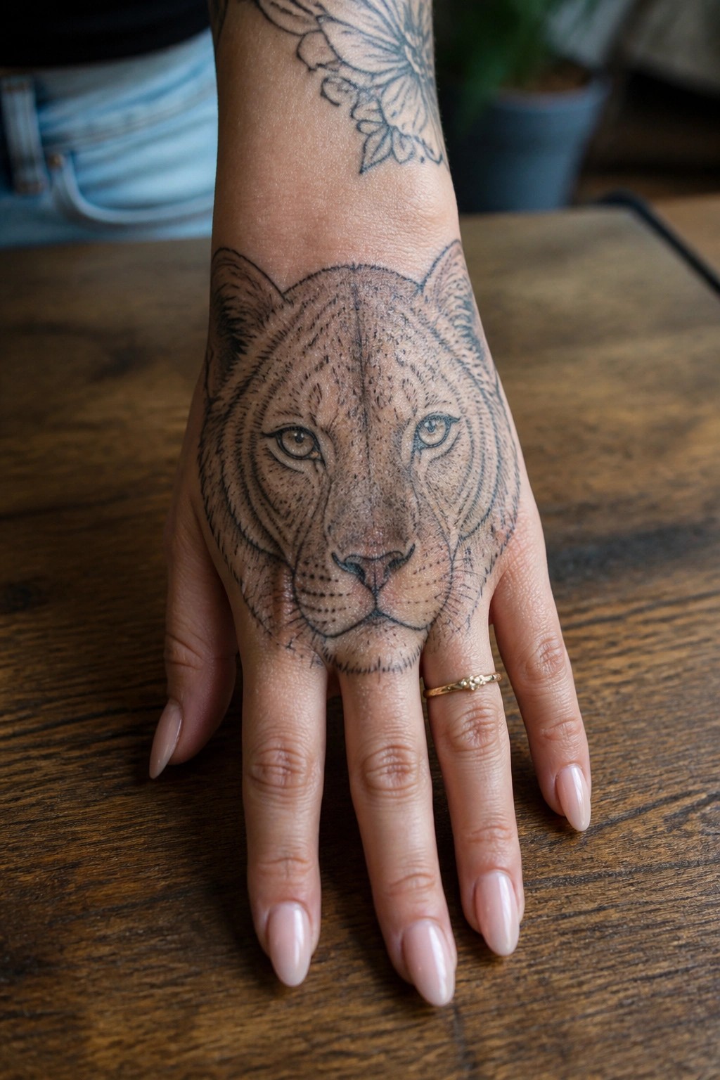 Hand with lion face tattoo resting on wood, flower on wrist, pink nails