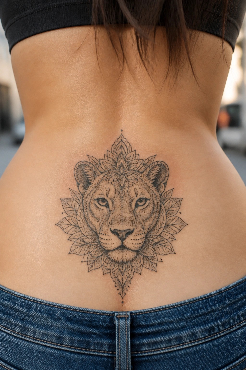 Lion mandala tattoo on woman's lower back above blue jeans.