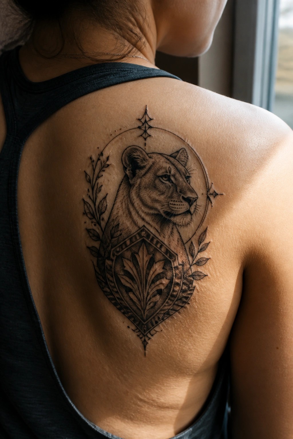 Woman in black tank top with intricate lioness and shield tattoo on upper back