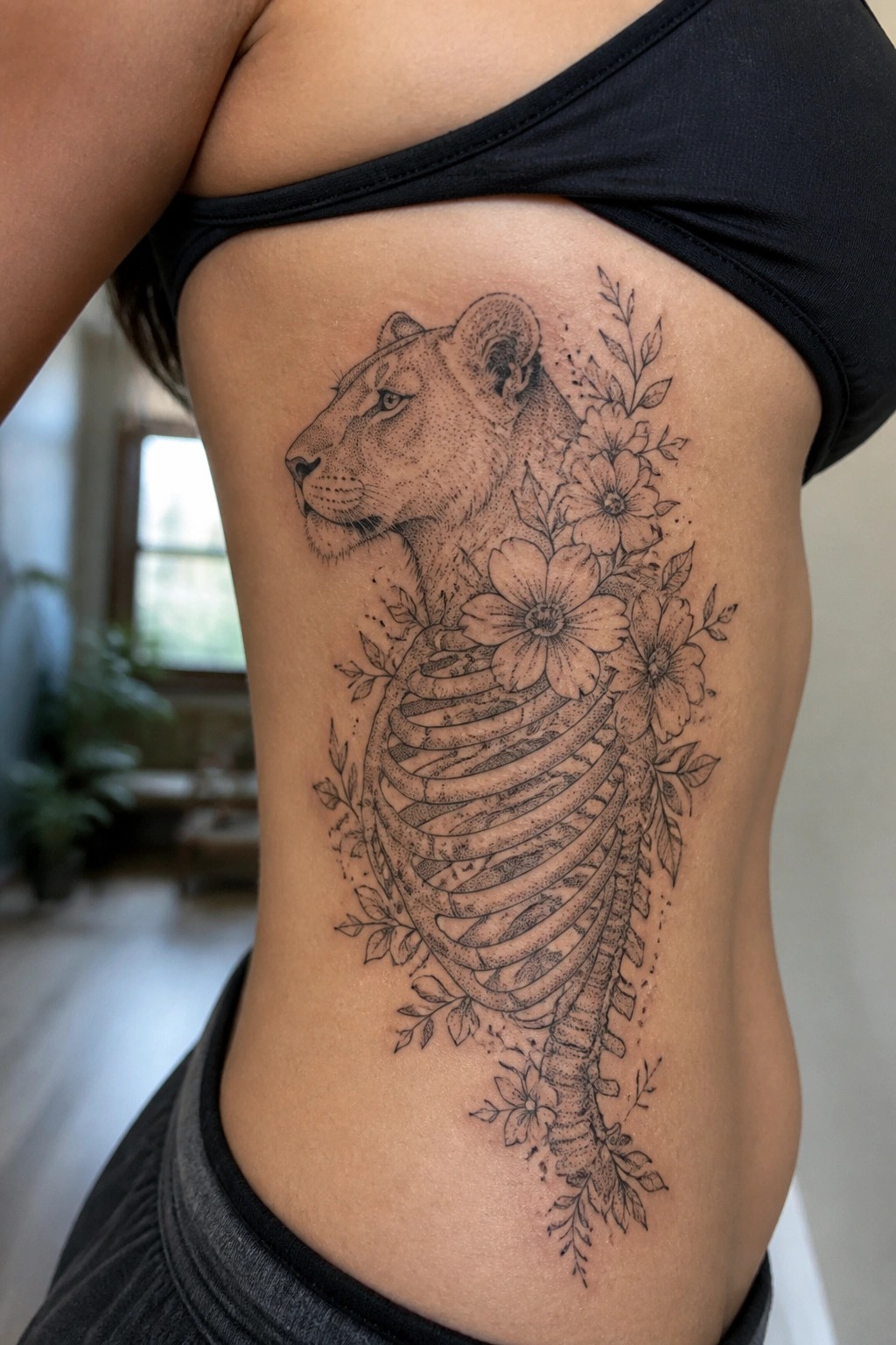 Black ink lioness tattoo with ribcage and flowers on side torso