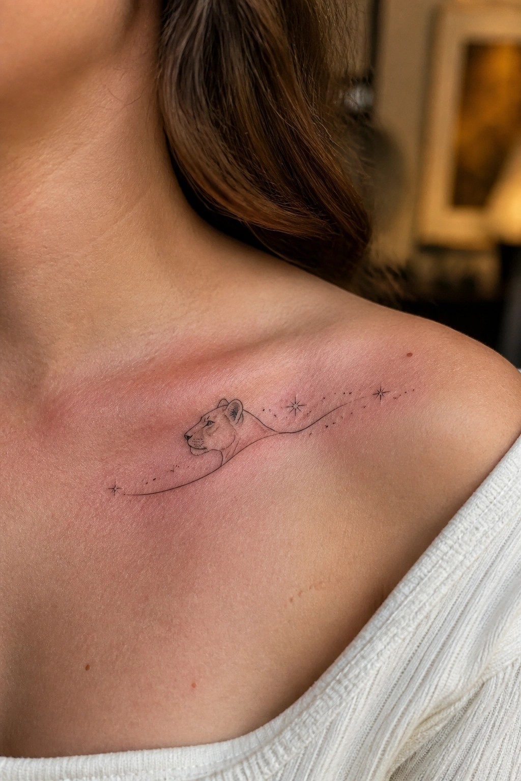 Lioness head tattoo trailing into stars on reddened shoulder skin