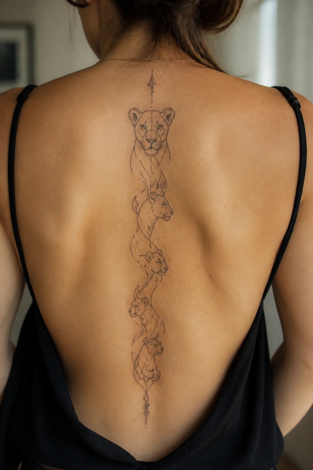 Woman's back with vertical lion-head tattoo over black top