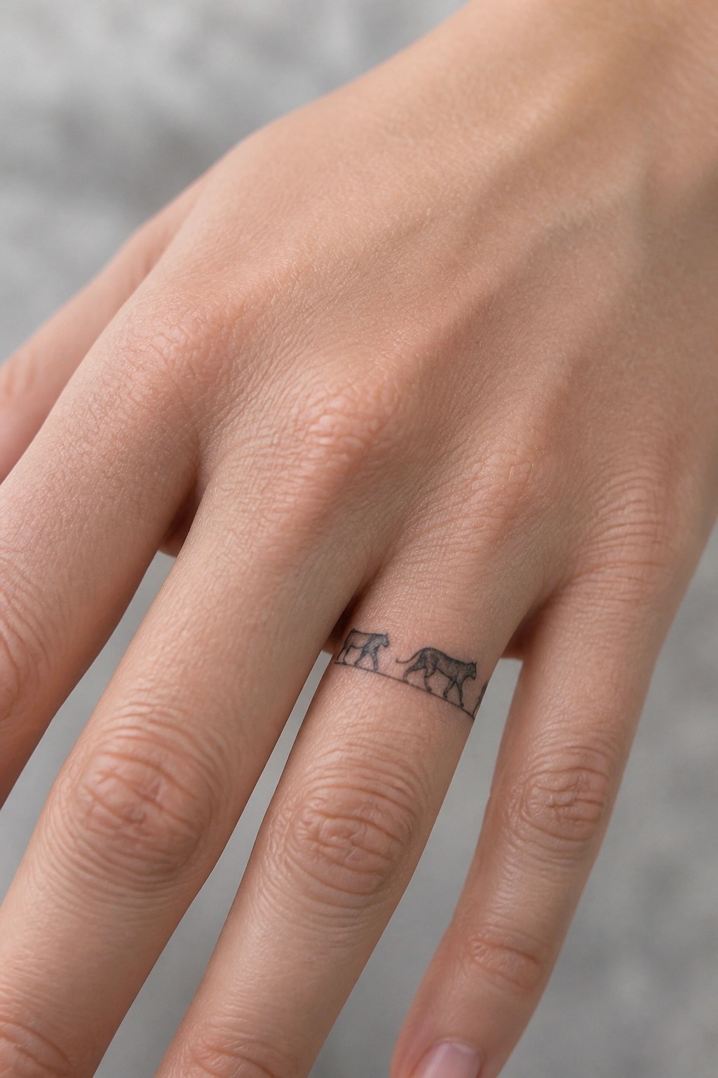 Fine line tattoo of two lionesses walking along a thin horizontal line on the side of a finger