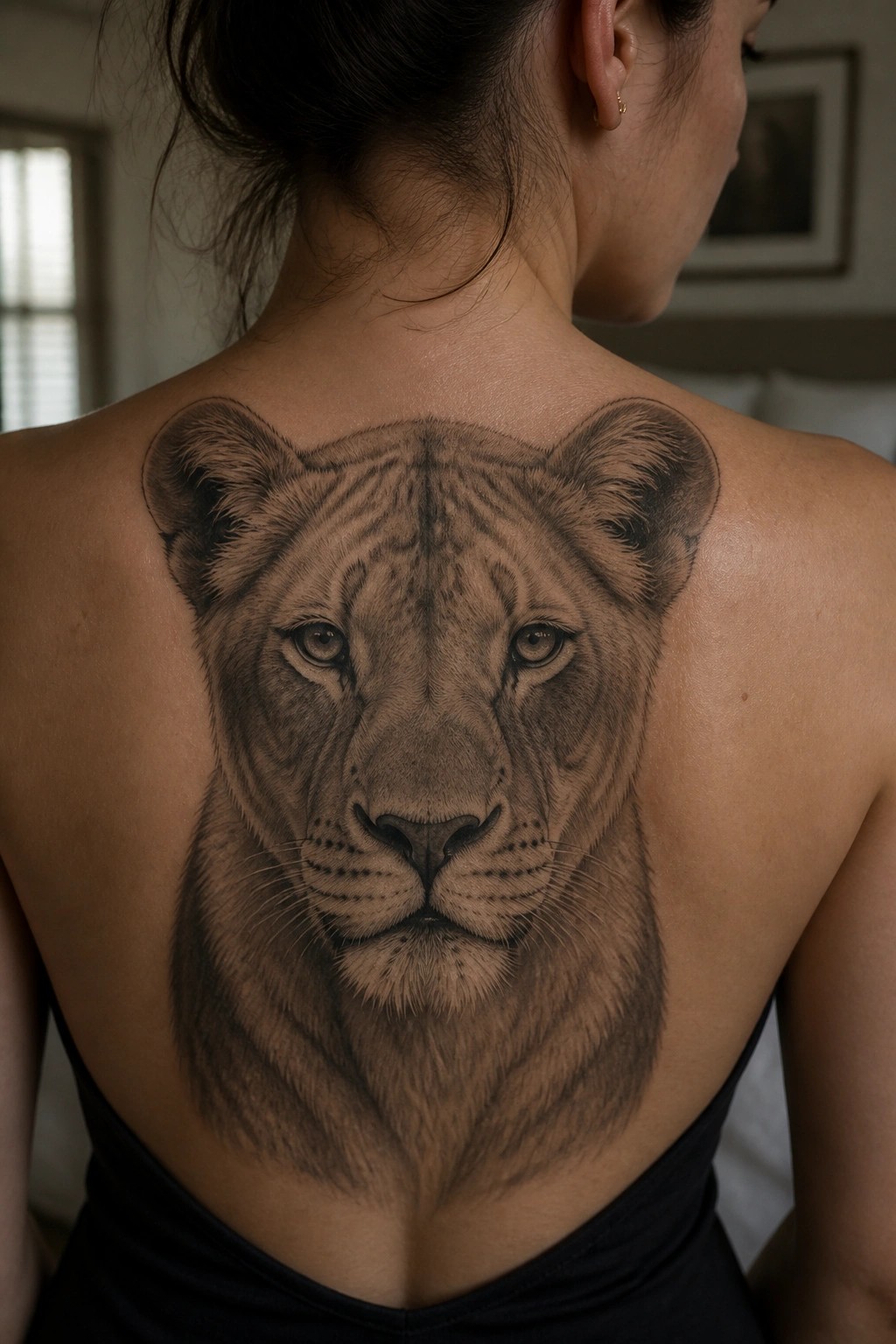 A large realistic black and gray lioness face tattoo centered on a woman's upper back between the shoulders.