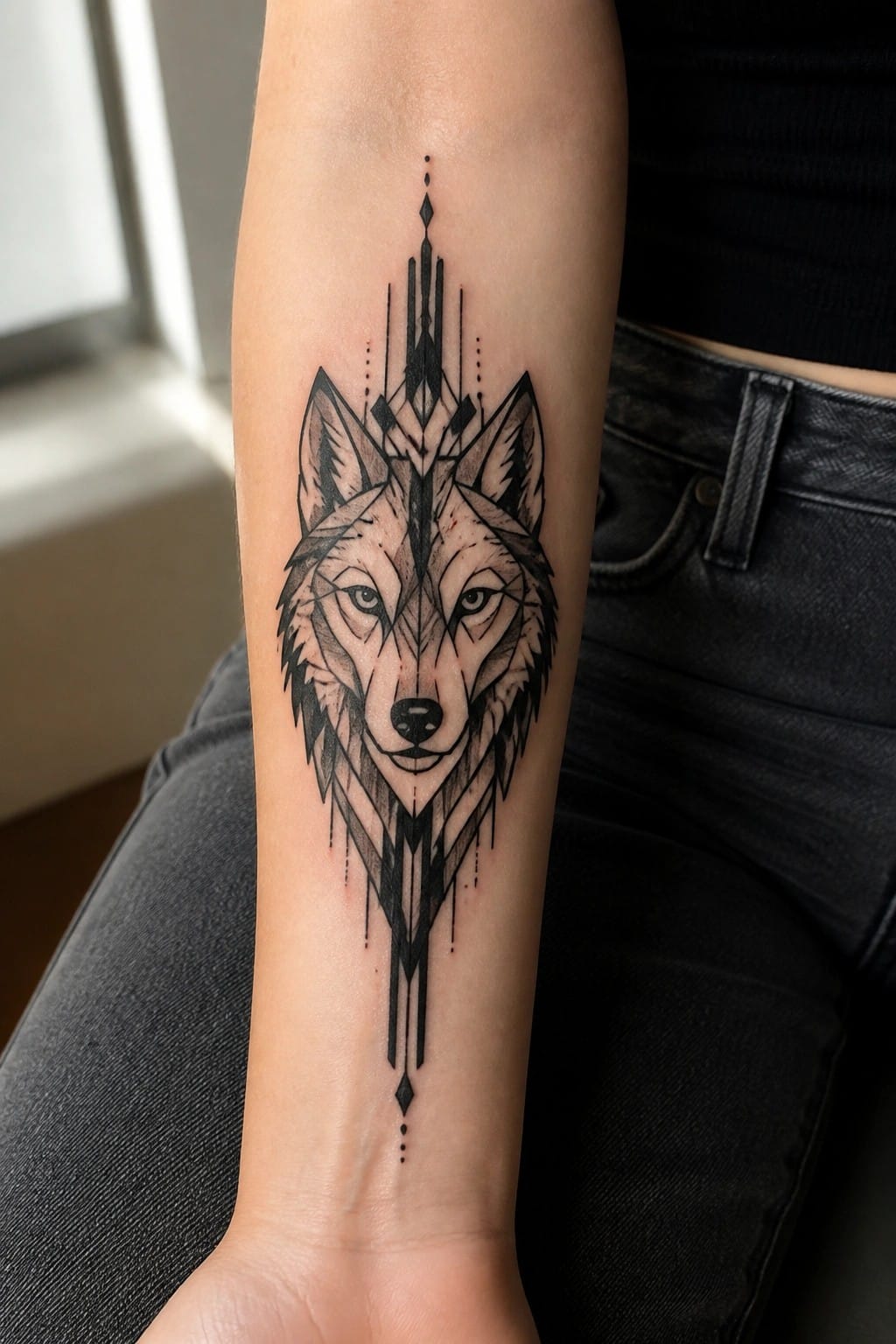 Black and grey geometric wolf tattoo on the inner forearm showing a symmetrical wolf head with sharp lines and vertical extensions above and below.