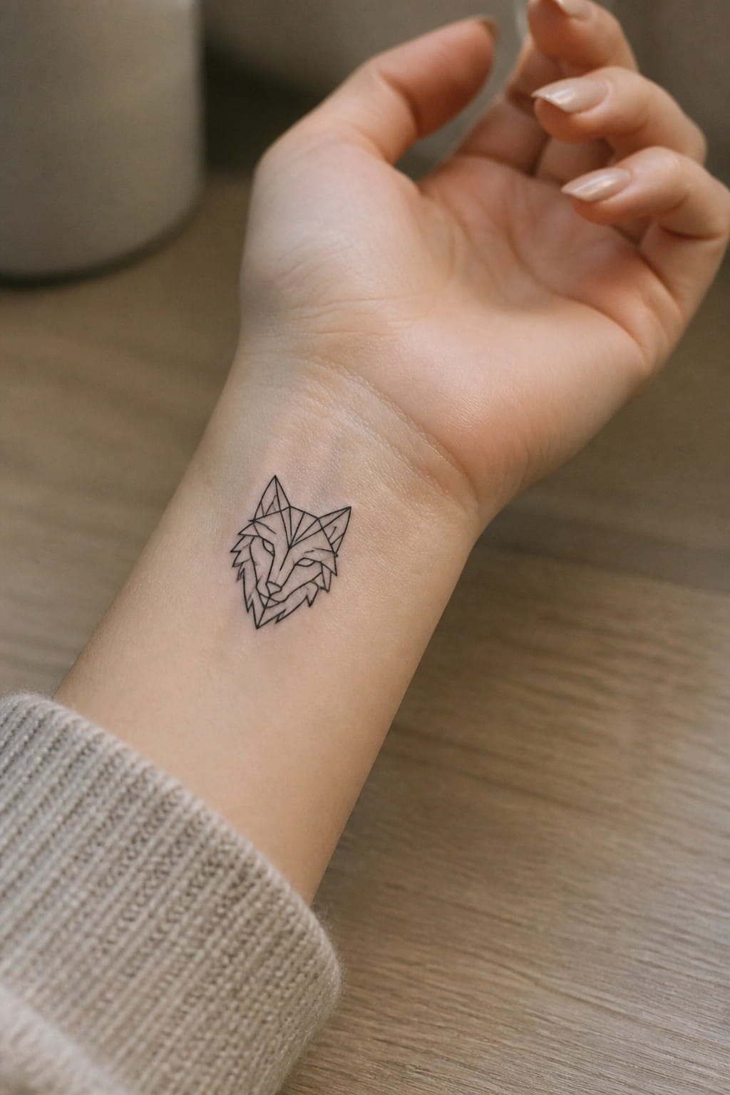 Small geometric wolf head tattoo on the inner wrist done in black line work
