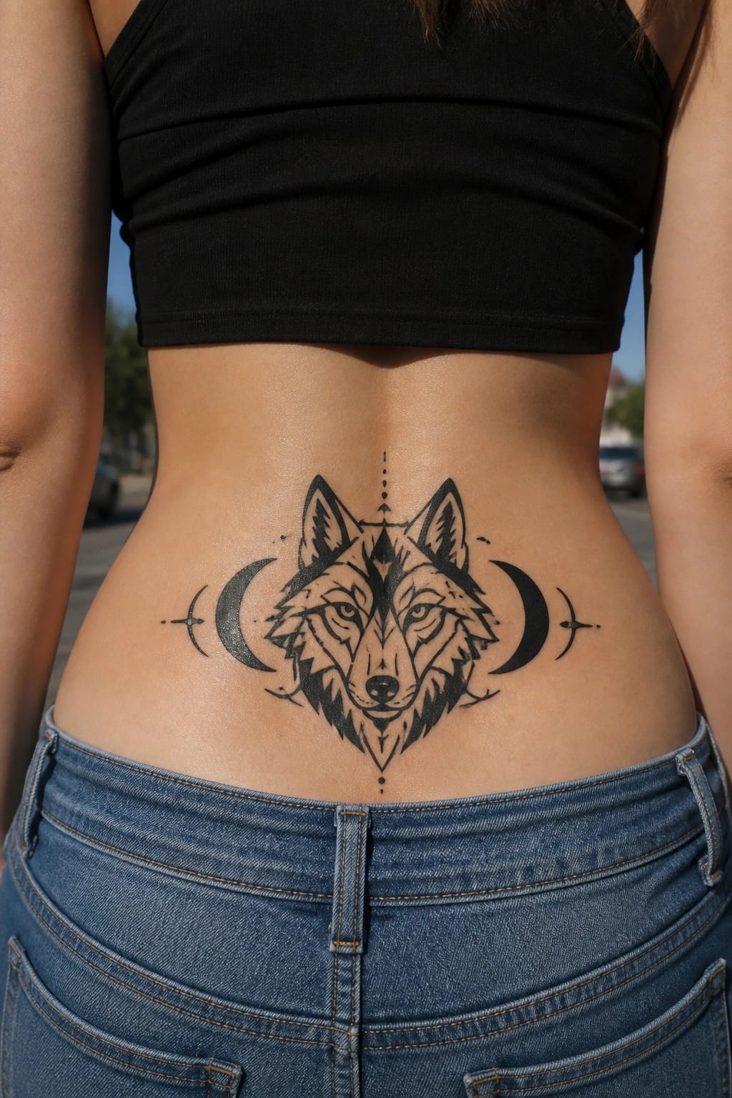 Geometric wolf head tattoo on the lower back with crescent moons and dots on both sides in black ink