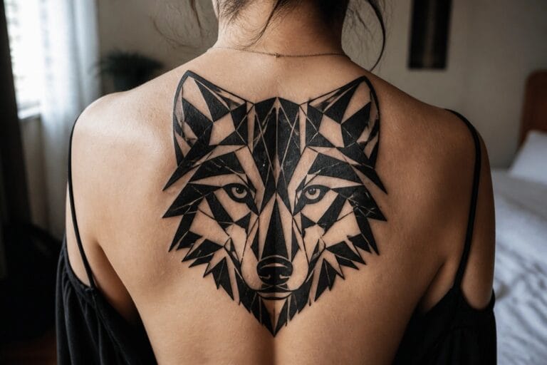 22 Bold Geometric Wolf Tattoo Ideas for Women Built Around Sharp Lines and Symmetry Geometric black wolf tattoo on woman's upper back in bedroom setting.