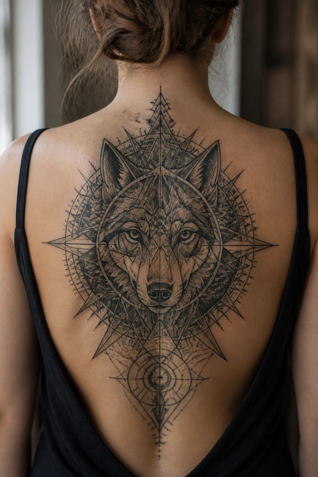 Woman's back with large black geometric wolf tattoo and mandala patterns over tank top