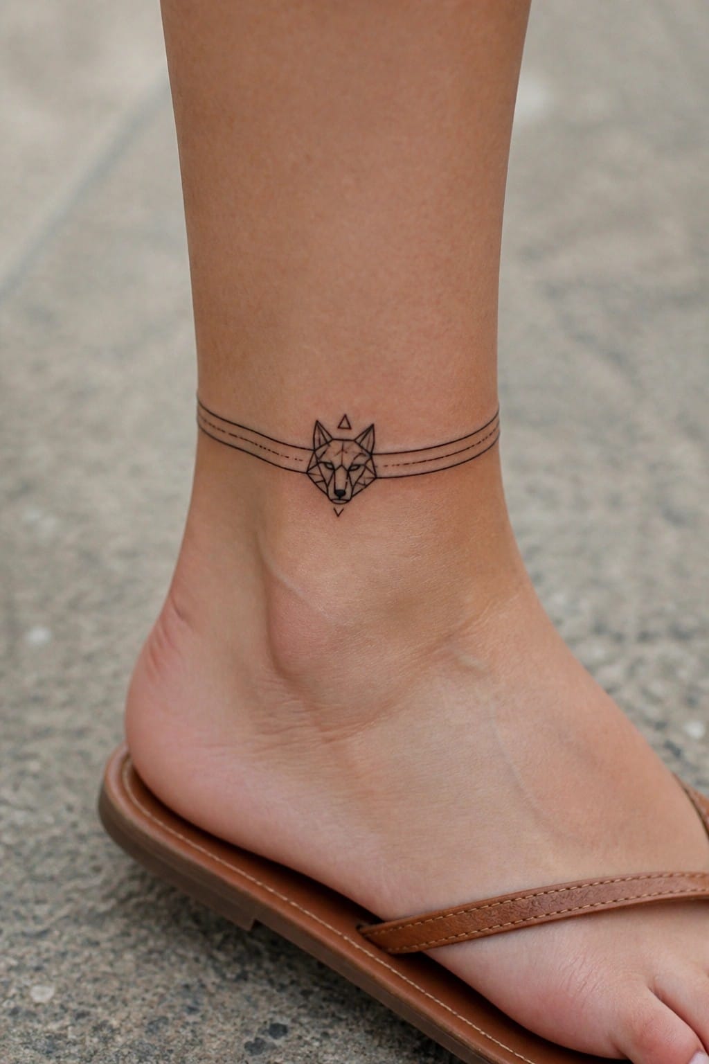 Small geometric wolf head tattoo on the ankle framed by thin band lines
