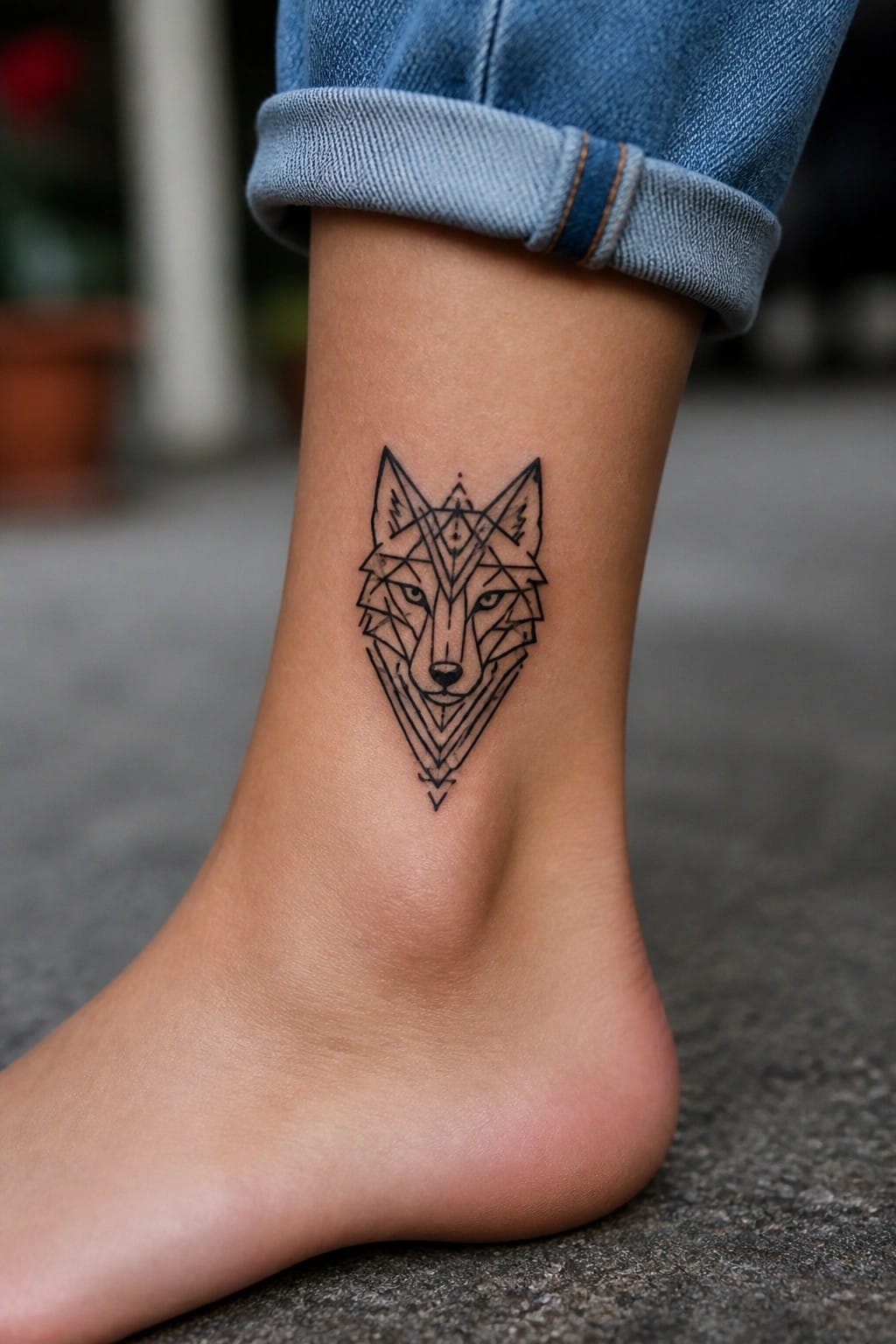 Geometric wolf face tattoo in black line art placed on the ankle above the foot.