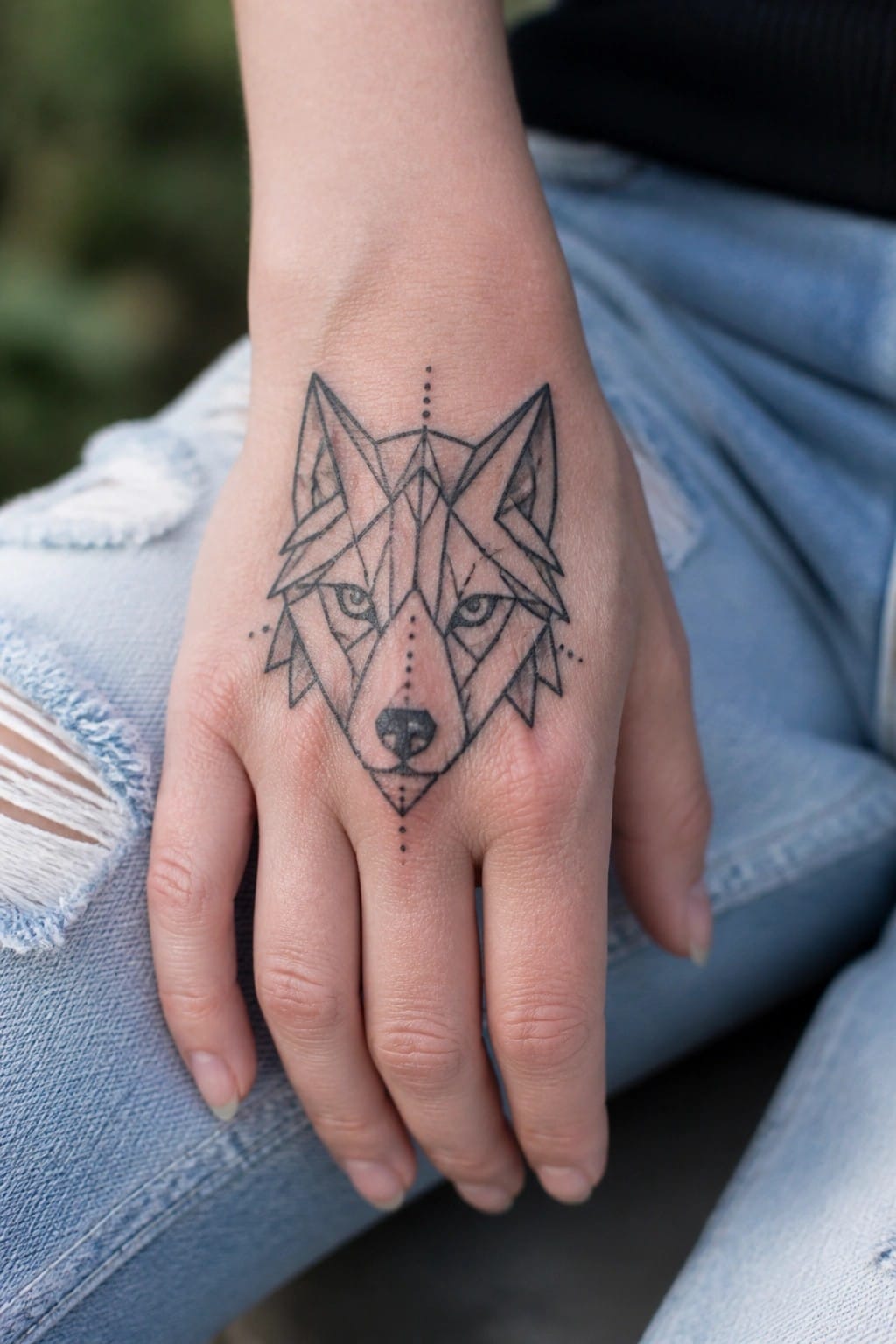 Geometric wolf tattoo on the back of a hand with sharp polygonal lines and dotted accents along the center.
