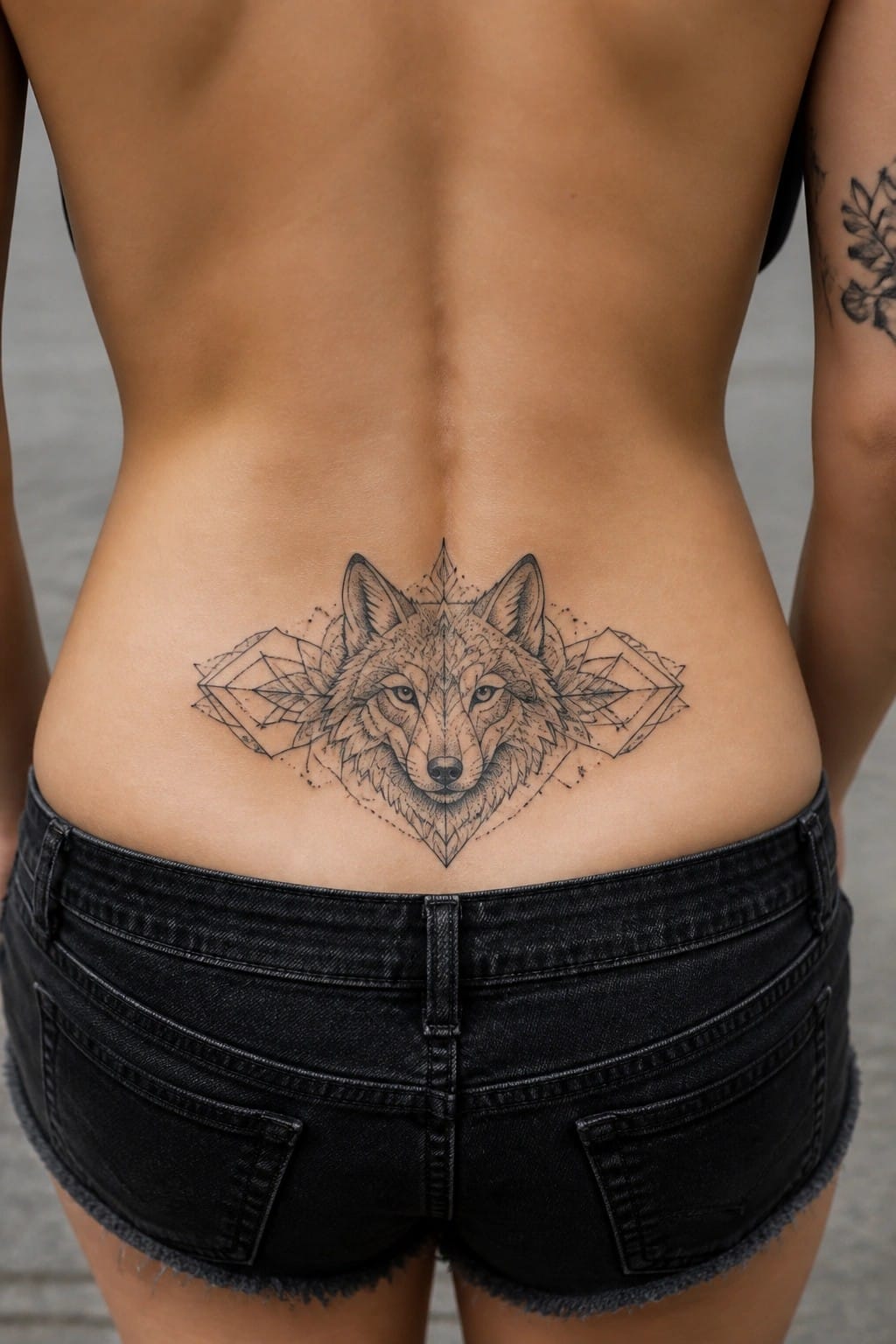 Wolf tattoo with geometric patterns on lower back above black denim shorts