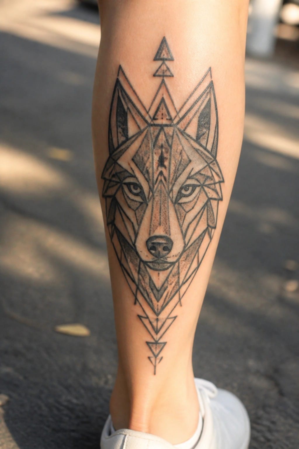 Black geometric wolf tattoo on the lower leg with symmetrical lines and triangles above and below the face.