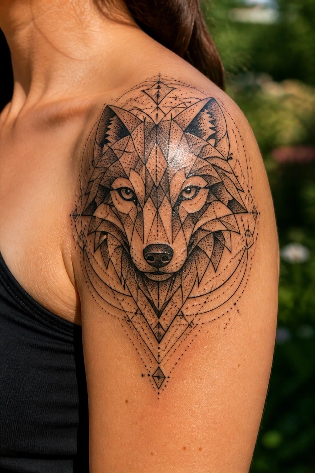 A close up of a geometric wolf tattoo on a woman's upper arm and shoulder, made with black lines, triangles, and dots in a symmetrical pattern.