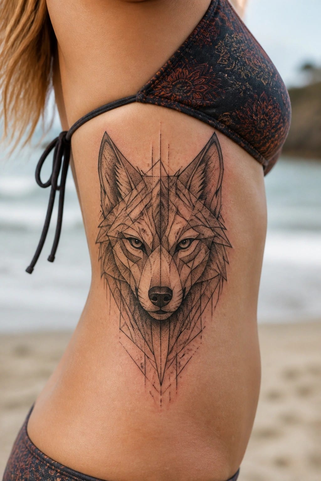 Geometric wolf tattoo on side torso with sharp polygonal lines and symmetrical face in black ink