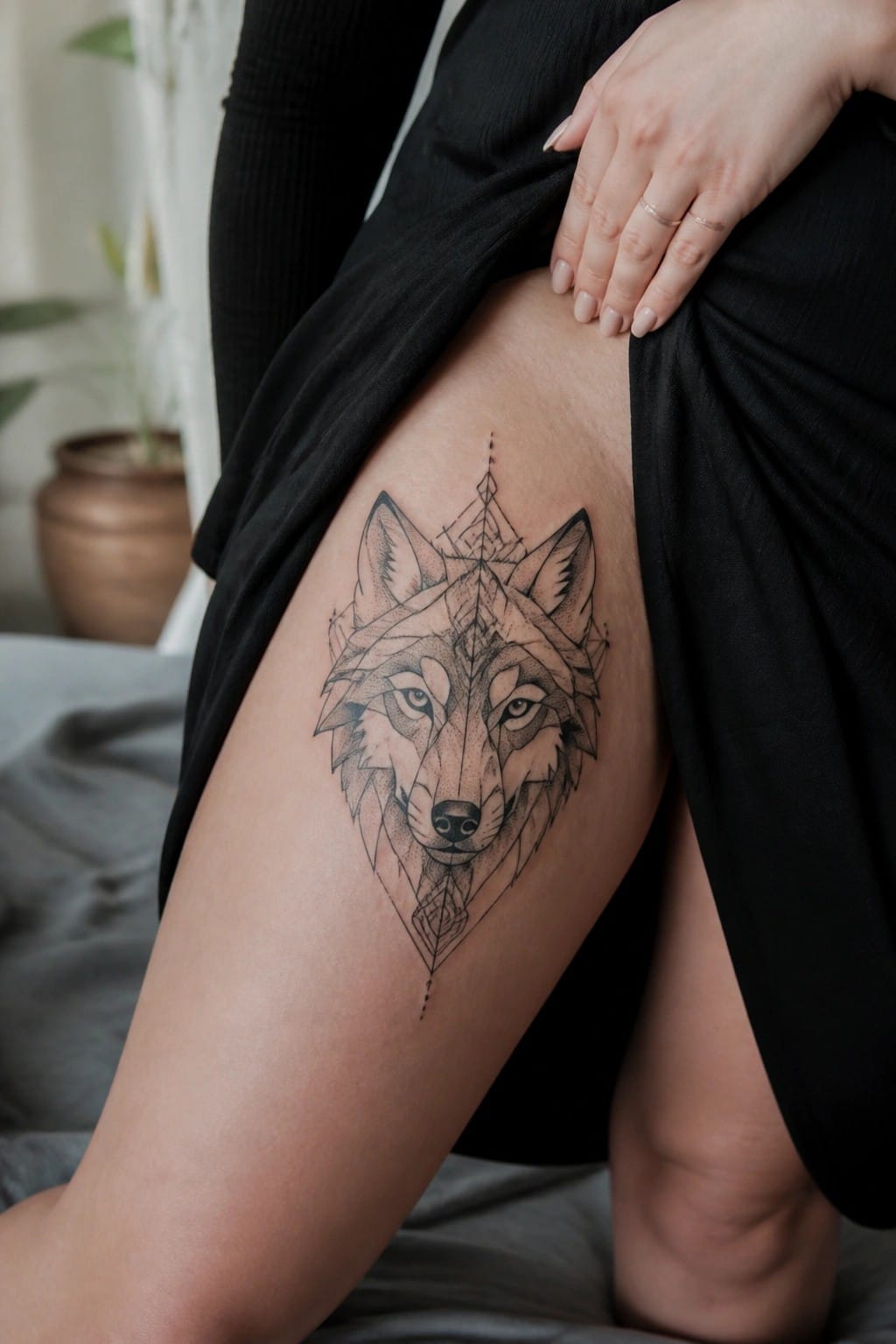 Geometric wolf tattoo on thigh beneath black clothing, hand with ring resting nearby