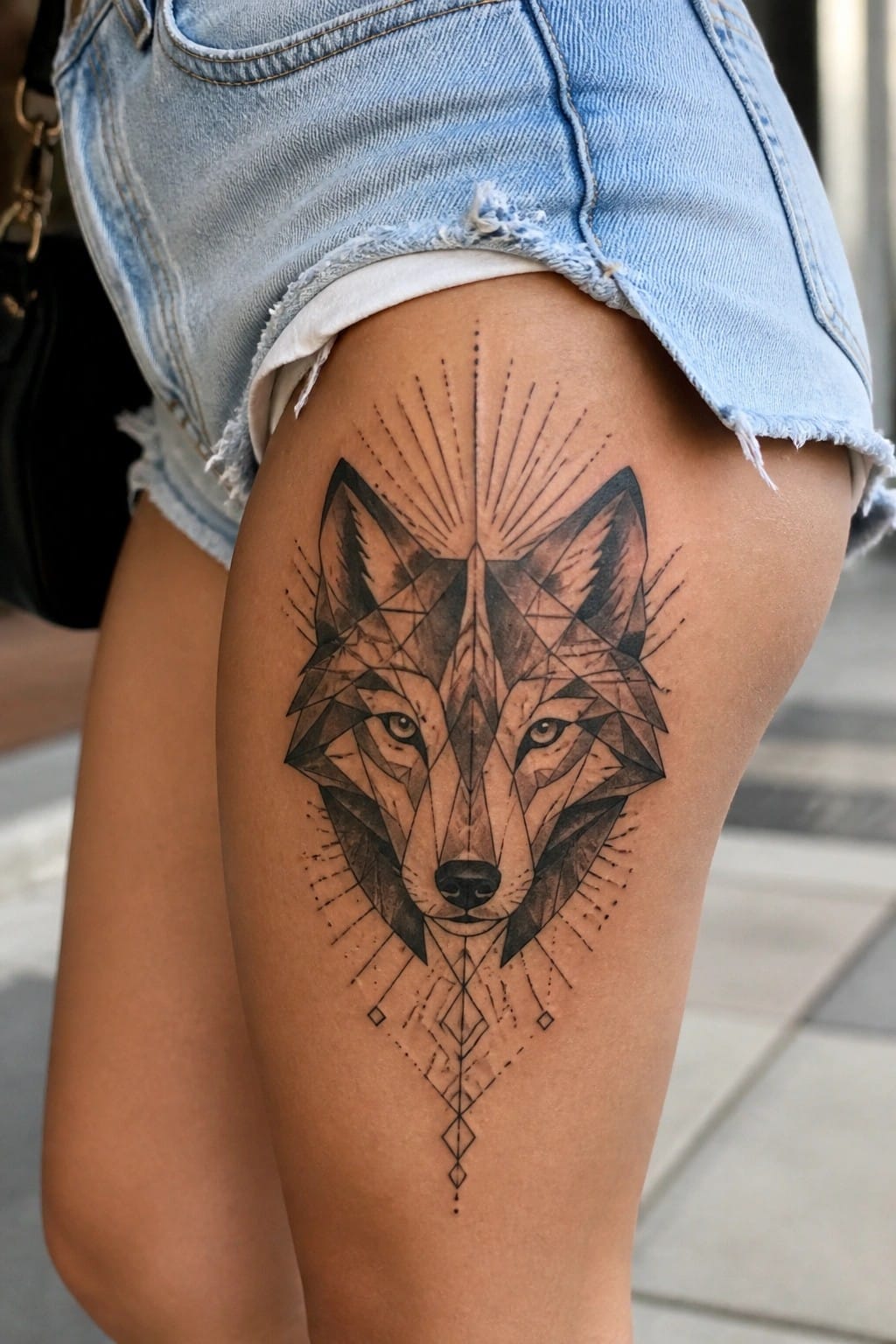 Geometric wolf tattoo on the thigh using polygonal shapes with radiating lines above the head and a diamond pattern below.