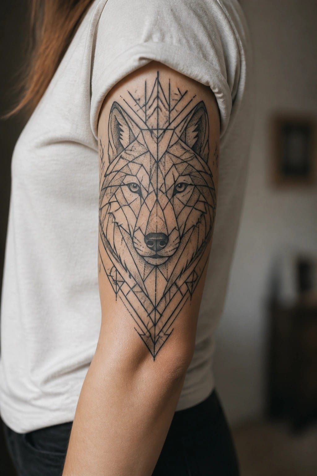 Geometric wolf face tattoo on a woman's upper arm with symmetrical lines and angular patterns extending above and below the head.