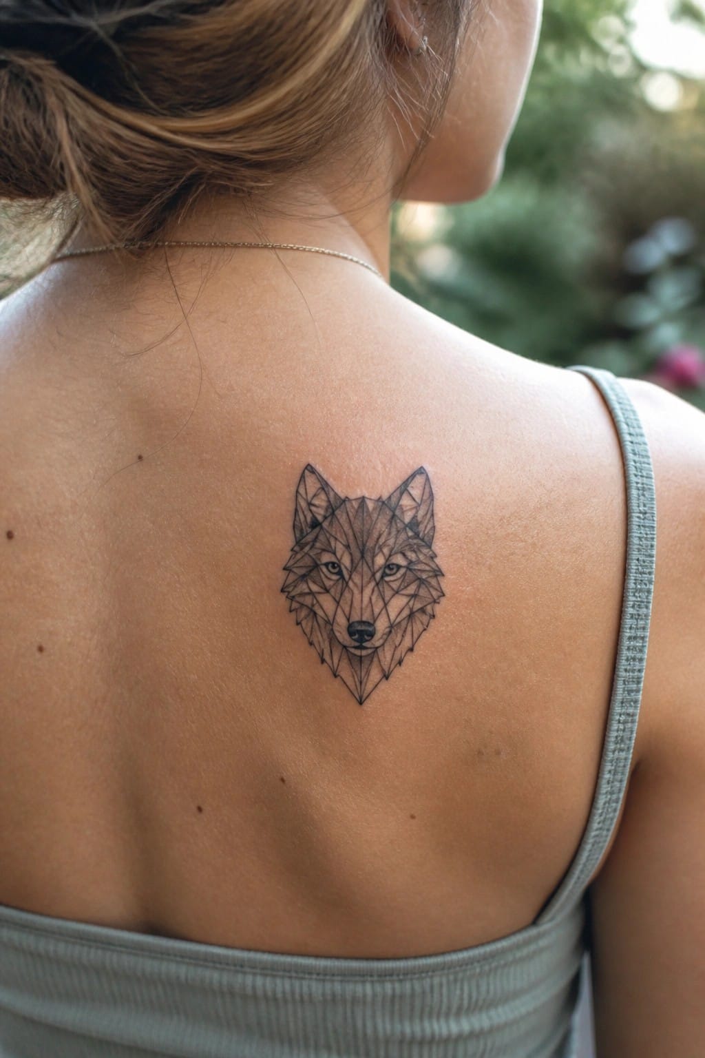 Geometric wolf tattoo on woman's upper back, gray tank top, gold necklace