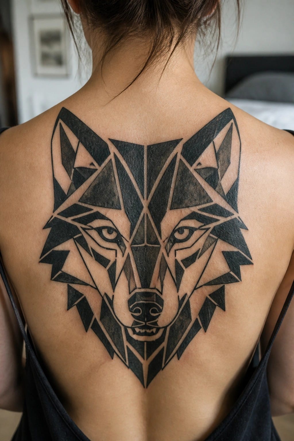Geometric black wolf tattoo on woman's upper back in bedroom setting.