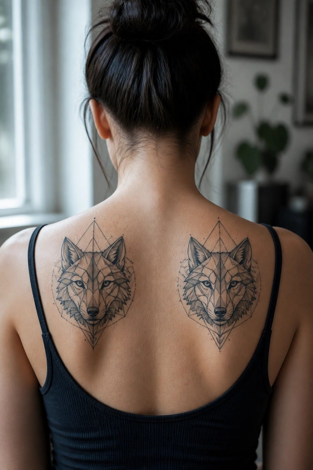 Woman with two matching geometric wolf head tattoos on the upper back, one on each shoulder blade, drawn with sharp black lines and triangular accents.