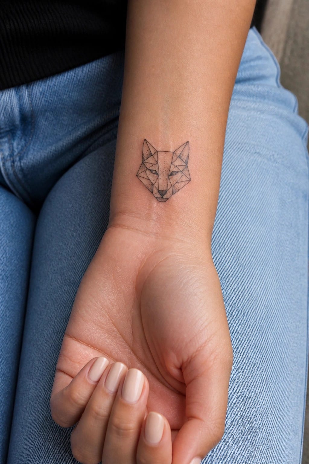 Small black geometric wolf head tattoo on inner wrist using polygonal lines and dot shading