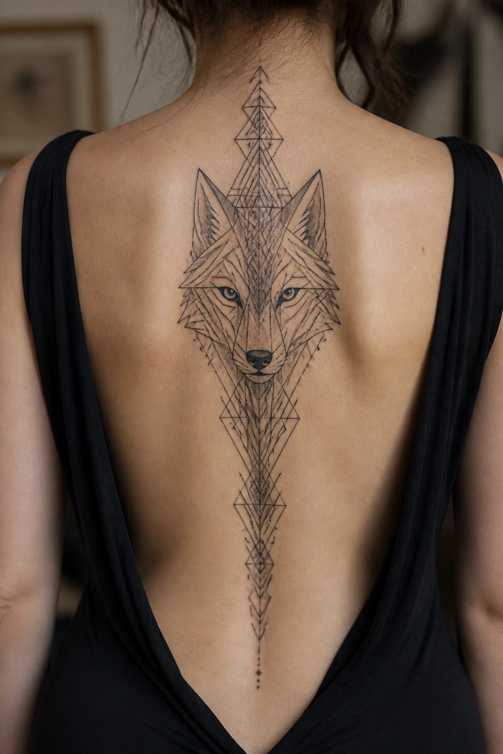 Geometric wolf tattoo on woman's back with black low-back top