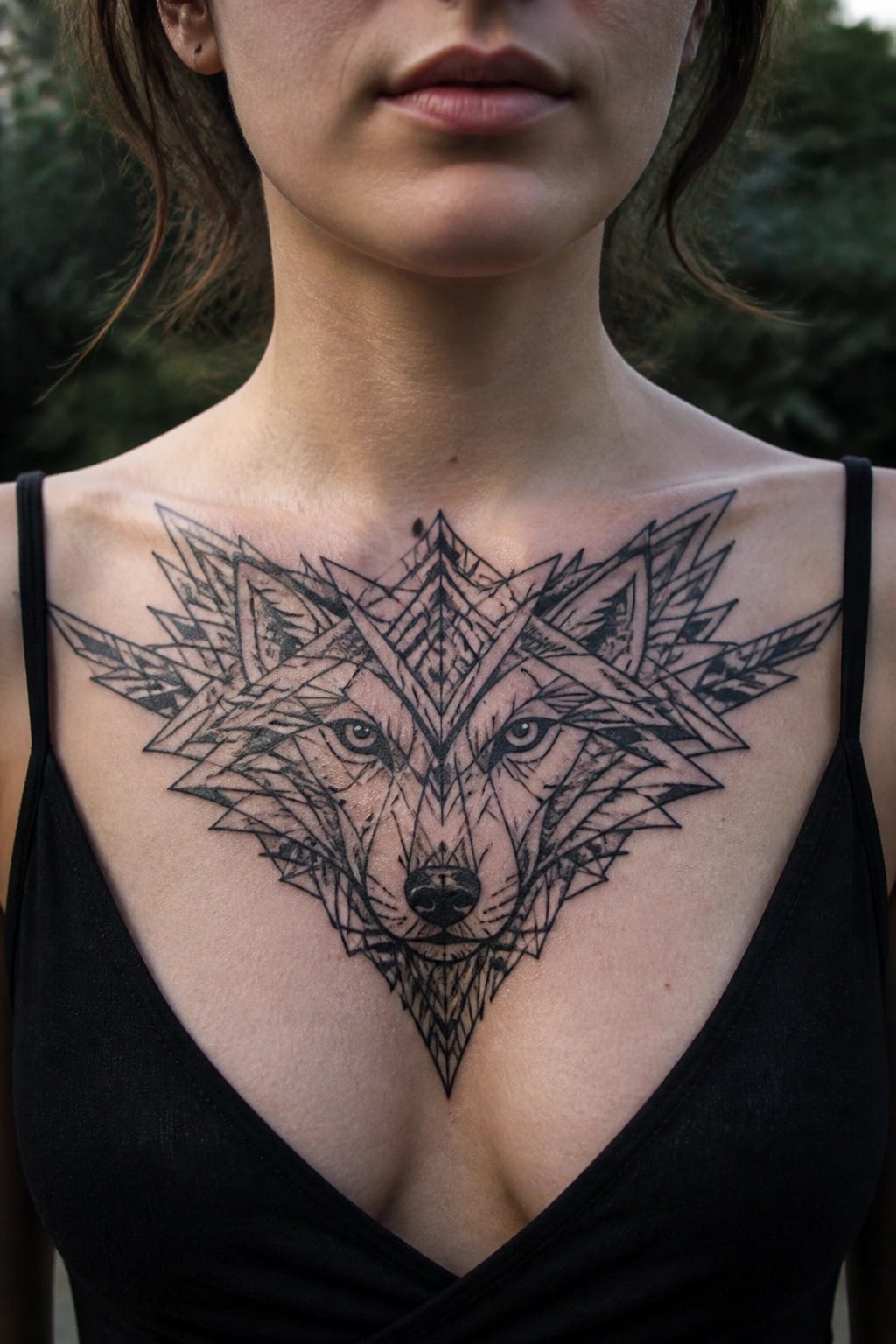 Woman in black top with large geometric wolf tattoo on chest