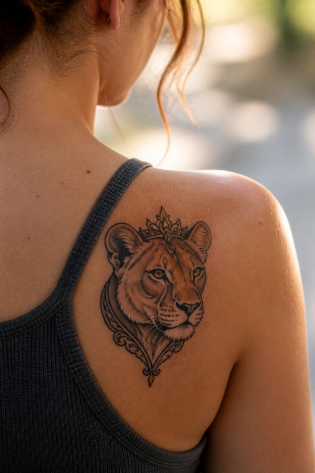 Woman's shoulder with crowned lioness tattoo over gray tank top