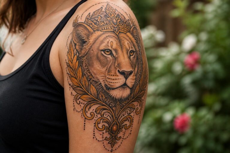 23 Creative Neo Traditional Lioness Tattoo Ideas in Bold Lines, Warm Color, and Regal Detail Woman's shoulder with realistic crowned lioness tattoo in gold and brown tones with floral accents