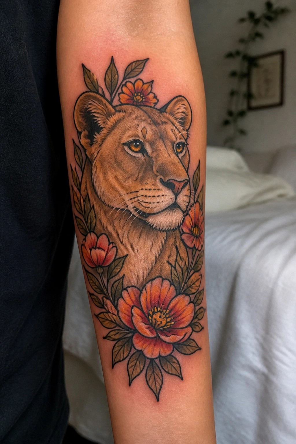 Lioness tattoo with orange flowers and green leaves on arm